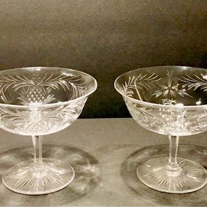 Vintage Bohemian 2 Crystal Etchings Champagne /Sherbet Glasses 3.75 Tall